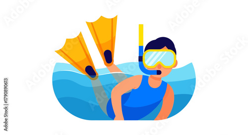 Cartoon Diver With Fins And Snorkel Swimming In The Blue Sea For Summer Vacation