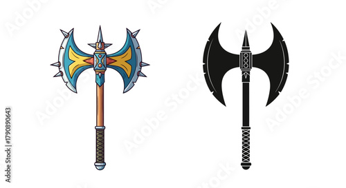 Two fantasy battle axes one colorful and one dark displayed on a white background