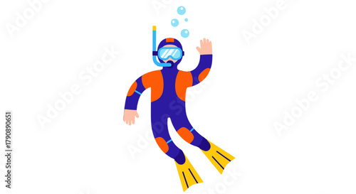 Cartoon Diver With Orange And Blue Suit Gesturing Under The Water Against The Black Background