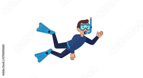 Cartoon Diver With Snorkel And Fins Exploring The Depths Of The Ocean, Scuba Dive