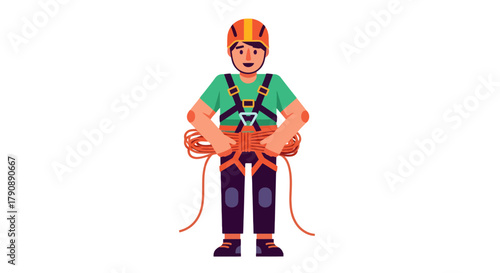 Cartoon Rescuer With Climbing Gear Holding Rope on Isolated Black Background