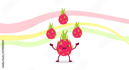 Cartoon Dragon Fruits Displaying Joyful Demeanor and Playful Interaction with Colorful Stripes