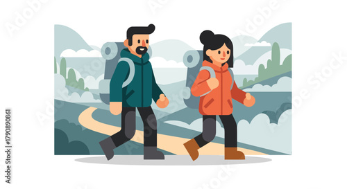 Cartoon Duo Hiking Through Scenic Landscapes During A Charming Weekend Adventure
