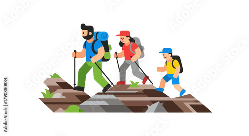 Cartoon Family Hiking Together in Mountains for Fun and Exploration