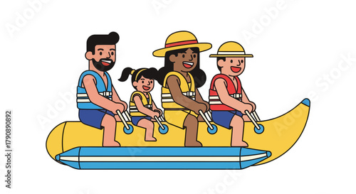 Cartoon Family Enjoying Water Activities on a Banana Boat in Summer Together