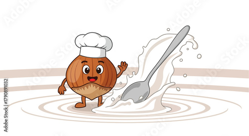 Cartoon Hazelnut Chef Greeting Near Milk Splash With Spoon In A Funny Culinary Illustration
