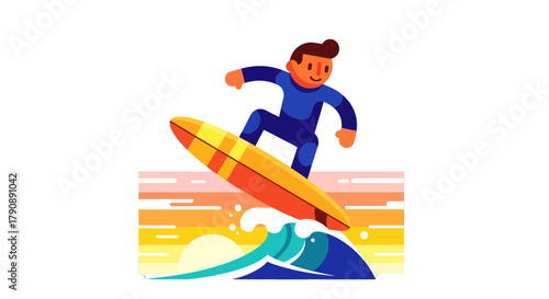 Cartoon Surfer Enjoying Riding A Wave During Sunset In The Summer Season