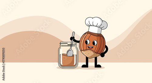 Cartoon Hazelnut Chef With Hazelnut Cream Ready For Dessert, Delightful And Artistic