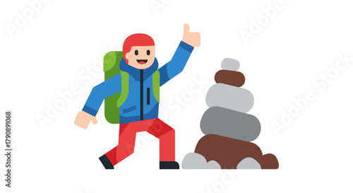 Cartoon Hiker Appreciating Stone Cairn and the Beauty of Nature in Adventure