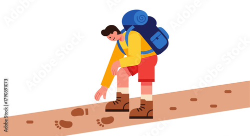Cartoon Hiker Ascending a Trail with Backpack and Footprints, Journeying Forward