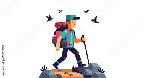 Cartoon Hiker Embarking on a Journey Through the Mountains with Birds in Flight