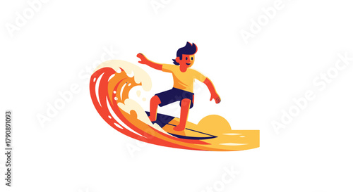 Cartoon Surfer Riding A Vector Wave In Vivid Colors Against A Dark Backdrop
