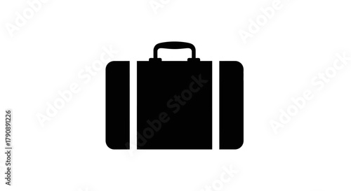A simple black silhouette of a vintage suitcase is prominently displayed
