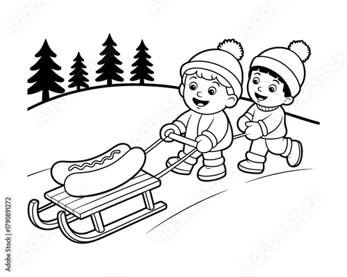 Two children pull a sled with a hot dog in the snow.