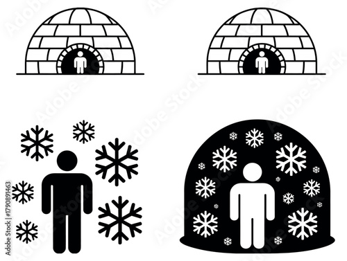 Illustrations of an igloo and a person surrounded by snowflakes in winter.