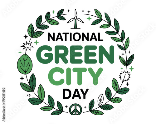 National Green City Day celebrated with a circular wreath of leaves and symbols.