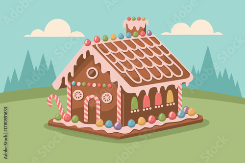 A decorated gingerbread house sits on a grassy lawn with clouds in the sky.