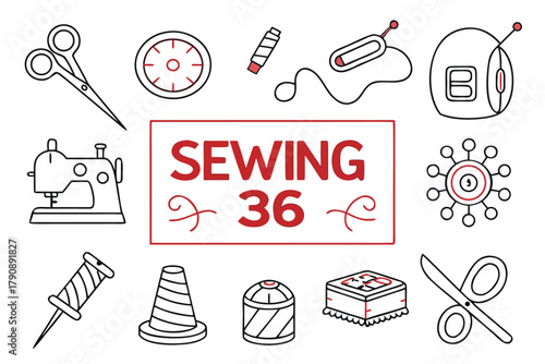 Set of 36 Sewing and Crafting Line Icons with Sewing Machine needle thread
