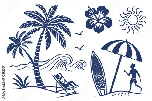Tropical Beach Scene Elements Silhouette Collection palm trees waves