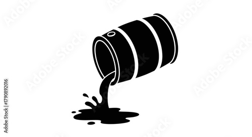 Black silhouette of an oil drum leaking a dark liquid substance