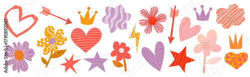 A collection of vector collages featuring torn colorful paper flowers, crowns, stars, and hand-drawn pencil. Abstract minimal geometric shapes in a playful, naive, modern craft style. Perfect for scho