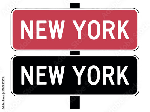 Two New York signs, one red and one black, are displayed vertically.