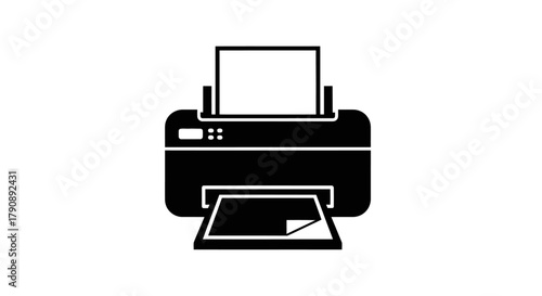 Simple black and white illustration of a desktop printer with paper tray