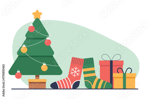 A decorated Christmas tree stands next to festive stockings and wrapped presents, ready for the holiday.
