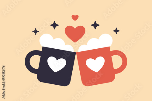Two mugs with hearts clink together in a celebratory toast, symbolizing love and connection.