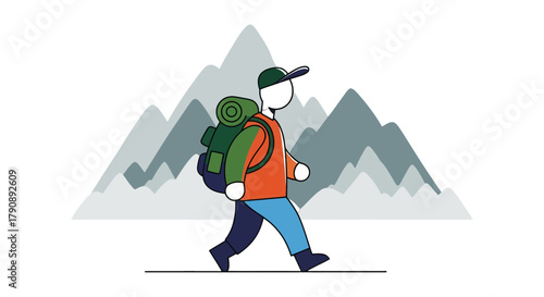 Cartoon Traveler Embarks On Mountain Adventure With Backpack For Hiking Expeditions
