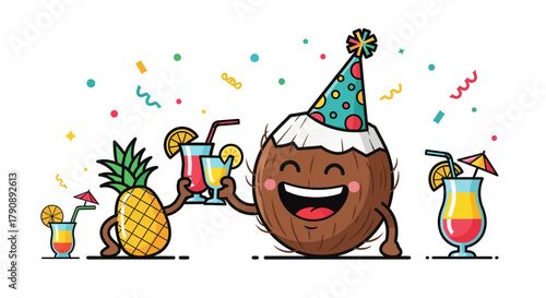 Cheerful Coconut And Pineapple Characters Toasting With Cocktail Drinks At A Party Celebration