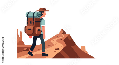 Cartoon Traveler Hikes On A Trail In Arid Terrain, Desert Adventure Concept