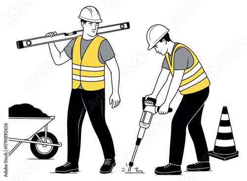 Construction workers perform their duties on a building site.