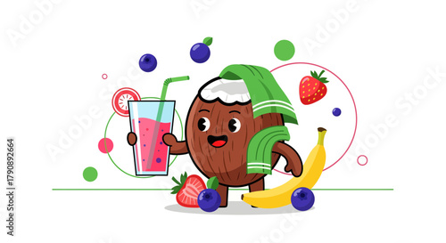 Cheerful Coconut Character Presenting Smoothie, Embodying Health and Delicious Flavors