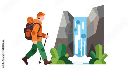 Cartoon Traveler Explores Majestic Waterfall And Verdant Nature in Illustrative Artwork