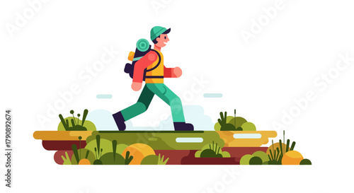 Cartoon Traveler Hiking Through Green Terrain With Backpack And Joyful Expression