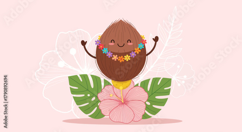 Cheerful Coconut Cartoon Character Wearing a Floral Garland with Tropical Elements