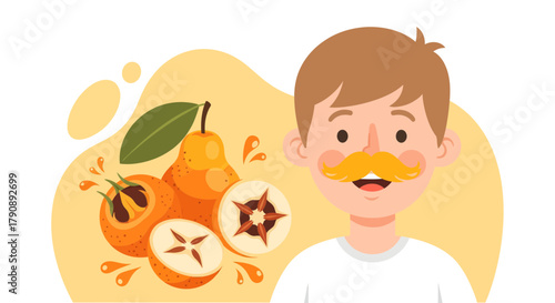 Cheerful Man With Whimsical Mustache Beside Freshly Cut Produce Illustration