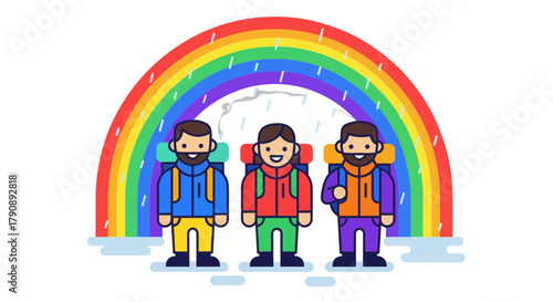 Cartoon Trekkers Under a Vivid Rainbow, Symbolizing Adventure and Friendship in Nature Scenes