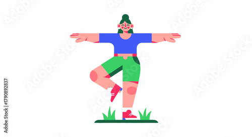 Cartoon Woman Balancing in Yoga Pose with Arms Outstretched, On a Black Background