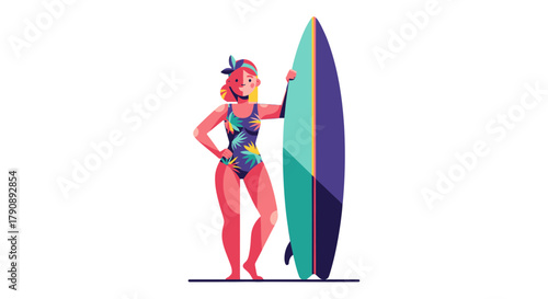 Cheerful Woman With Surfboard Ready For An Exciting Ocean Adventure