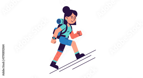 Cartoon Woman Hiking Upward, Illustrated Adventure On A Dark Background