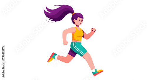 Cartoon Woman Running in Dynamic Pose Against a Black Background for Fitness Designs