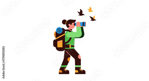 Cartoon Woman Watching Birds Via Binoculars, Hiking Adventure And Outdoor Observing