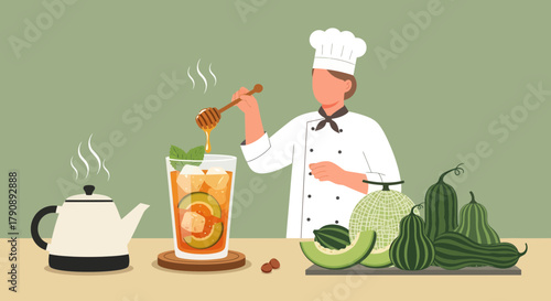 Chef Adorning Refreshing Beverage with Honey, Displaying Flavorful Freshness