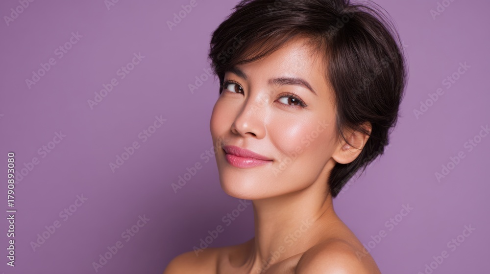 Fototapeta premium A young woman with a radiant smile poses confidently against a soft purple backdrop. Her short hair frames her face highlighting her natural beauty and charm.