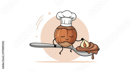 Chef Hazelnut Presenting Chocolate Delightfully on Spoon, Delightful Food Cartoon Illustration