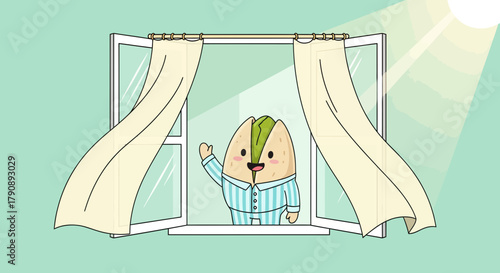 Cartoonish Nut Waving From A Window With Curtains And Sun Beams Illustration