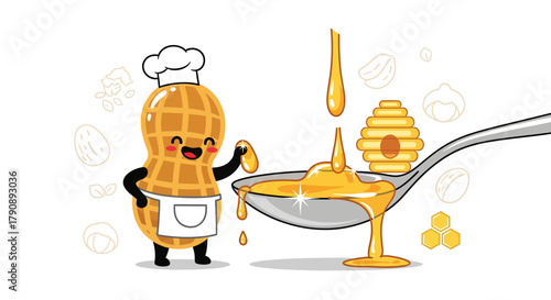 Chef Peanut Delicately Drizzling Honey Onto A Spoon With Beehive Accents