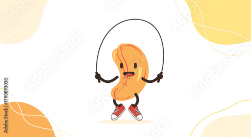 Cashew Cartoon Jumping Rope For Healthy Diet And Fitness Activities